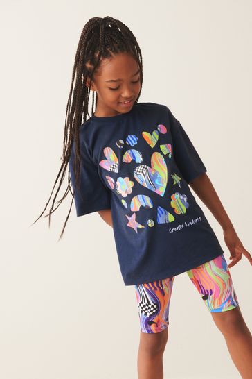 Navy Blue Shapes 100 Cotton T Shirt And Cycling Shorts Set 3 16yrs