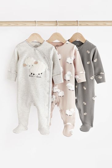 Grey Sheep Delicate Appliqué Baby Sleepsuits 3 Pack (0-2yrs)