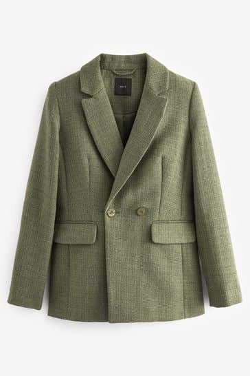 Sage Green Bouclé Fitted Double Breasted Blazer