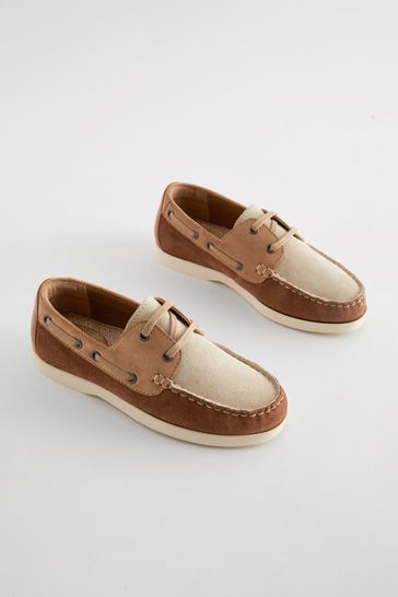 Tan Brown Navy Blue Leather Boat Shoes