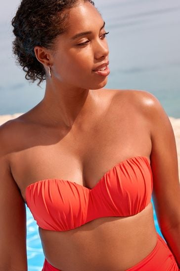 Coral Pink Ruched Shaping Wired Bandeau Bikini Top