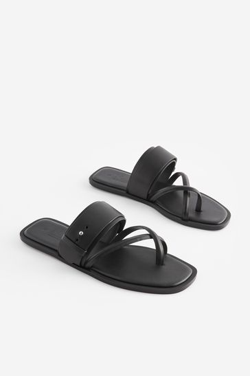 Black Premium Leather Forever Comfort Cross Toe Post Sandals
