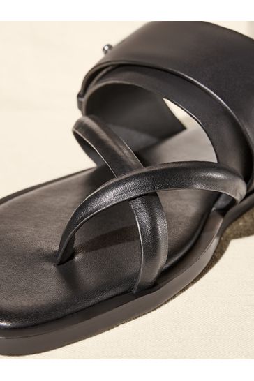 Black Premium Leather Forever Comfort Cross Toe Post Sandals