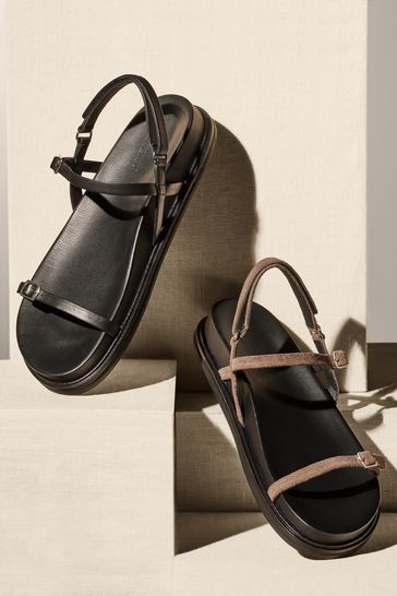 Black Premium Leather Thin Strap Footbed Sandals