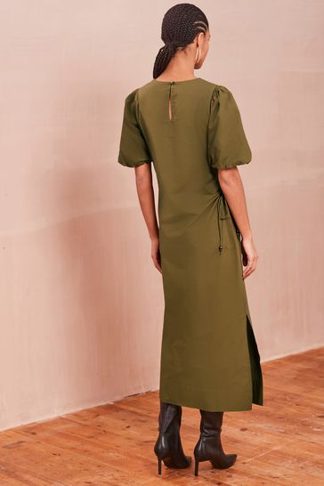 Khaki Green Ruched Side Puff Sleeve Midi Dress