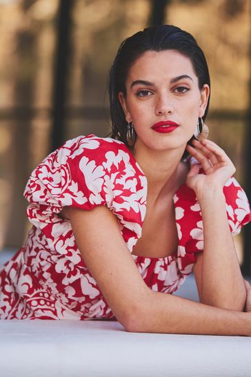 Red/White Printed Mini Puff Sleeve Ruched Front Dress