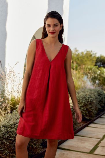 Red Linen Blend V-Neck Summer Mini Dress