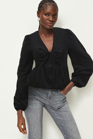 Black Long Sleeve V-Neck Twist Front Top