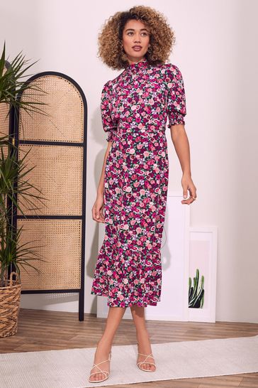 Roses Printed High Neck Midi Dress 