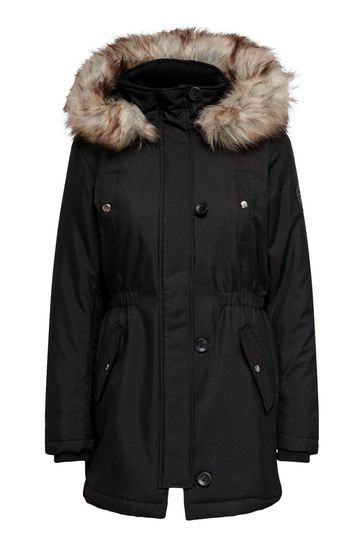 Only Parka Jacket With Faux Fur Hood, Black Winter Coat Faux Fur Hood