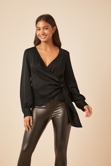 Satin Long Sleeve Wrap Blouse 