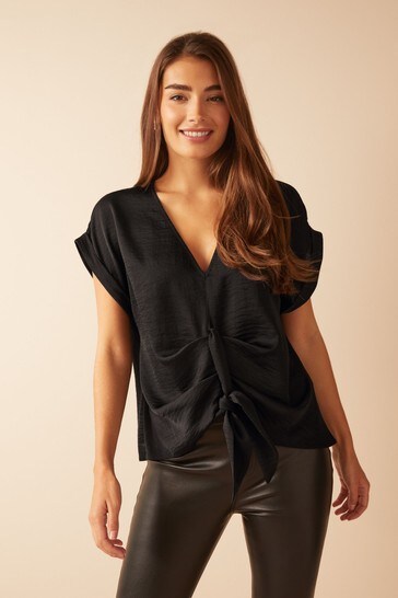 Satin Tie Detail Short Sleeve Blouse 