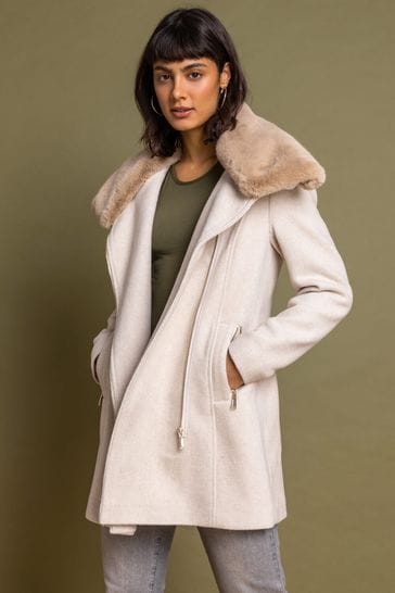 Roman Formal Faux Fur Collar Coat, Womens Faux Fur Collar Trench Coat