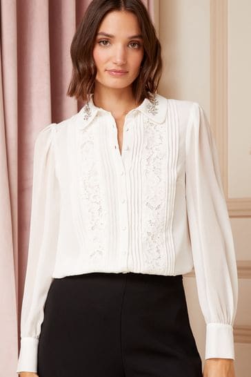 Buy Love & Roses Embellished Collar Lace Trim Shirt from the Laura Ashley  online shop