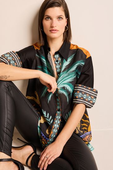 Black Animal Placement Print Sheer Long Sleeve Oversized Shirt