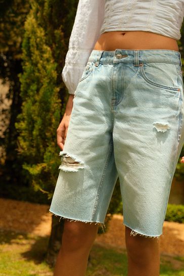 Bleach Ripped Denim Bermuda Shorts