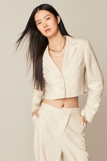 Neutral Linen Textured Cropped Blazer