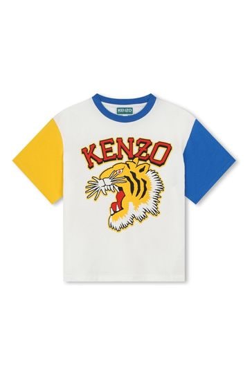Buy KENZO KIDS Cream Tiger Varsity Logo Colourblock Short Sleeve T