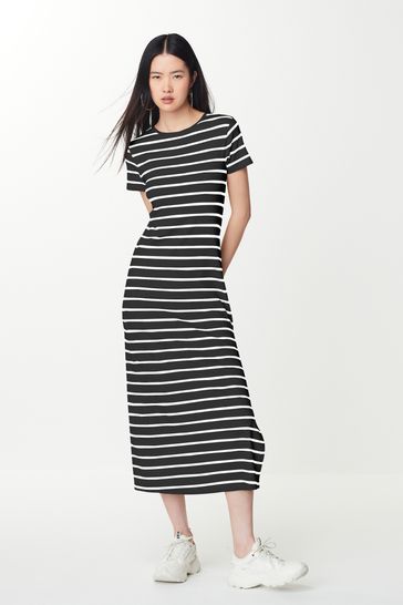 Black Ribbed T Shirt Style Column Maxi Dress With Slit Detail