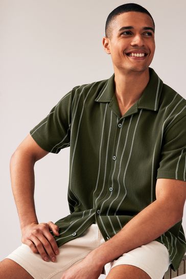 Olive Green Cuban Collar Textured Jersey Short Sleeve 100 Cotton Shirt