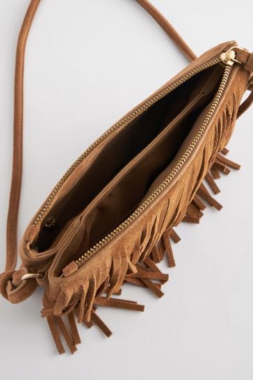 Tan leather fringe bag hot sale