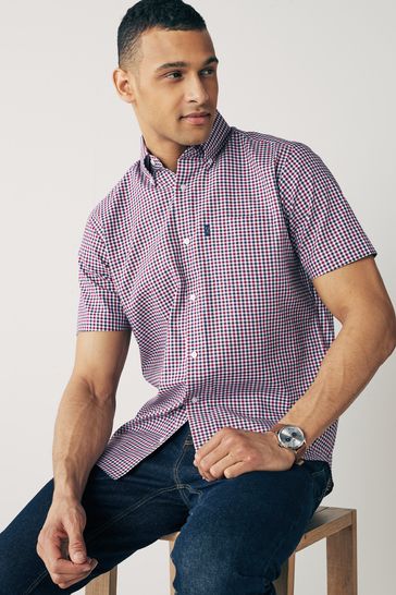 Mens red button shop down short sleeve shirt