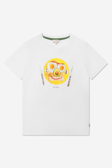 Boys Cotton Food Face T-Shirt in White
