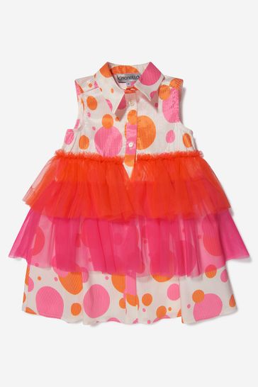 Simonetta Girls White Cotton Spotted Dress With Tulle Trims