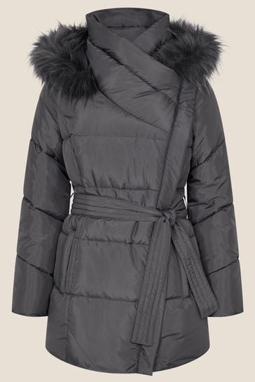 Monsoon Grey Padded Faux Fur Hooded, Next Grey Belted Faux Fur Collar Coats Womens