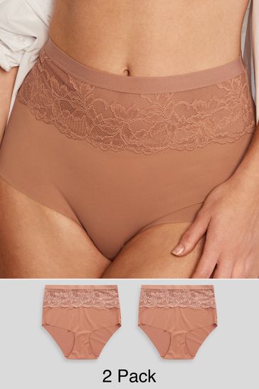 Neutral/Tan High Waist Lace Tummy Control Light Shaping Knickers 2 Pack