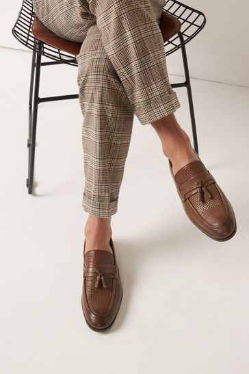 Tan Brown Woven Embossed Tassel Loafers