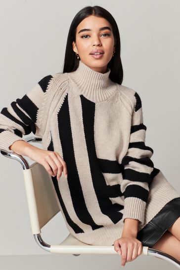 Ecru Cream with Black Stripes High Neck Long Line Jumper