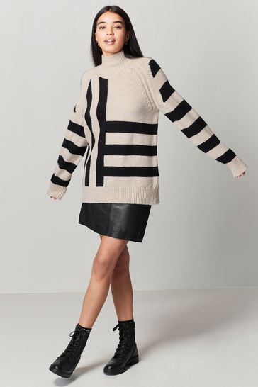 Ecru Cream with Black Stripes High Neck Long Line Jumper