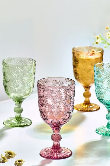Multi Set of 4 Lisse Floral Pressed Wine Glasses