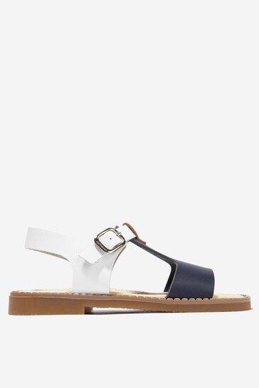 Unisex Leather T-Bar Sandals in Navy/White