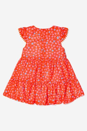 Girls Heart Print Flounce Dress in Orange