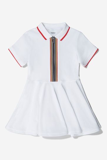 Girls Cotton Check Placket Polo Dress in White