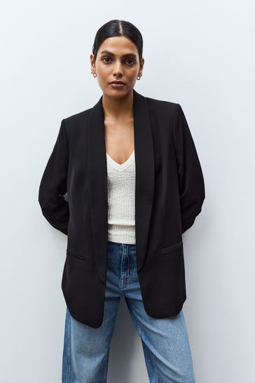 Black Relaxed Ruched Sleeve Blazer