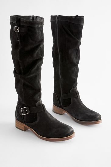 Black flat slouch knee high boots deals