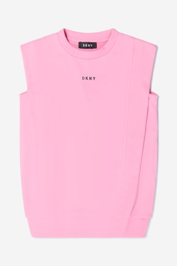 DKNY Girls Cotton French Terry Logo Pink Dress