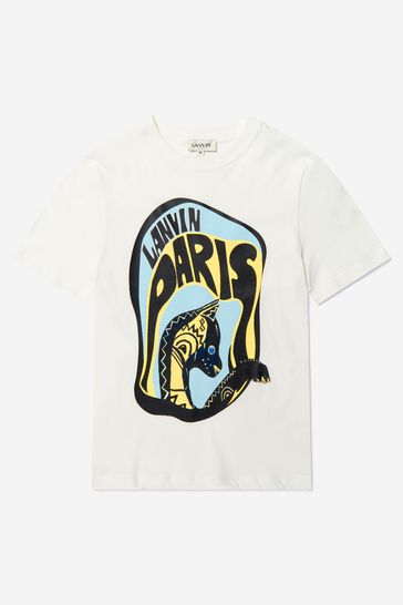 Boys Cotton Jersey Cat Print T-Shirt in Ivory
