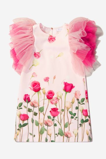 Girls Tulle Sleeve Rose Print Dress in Pink
