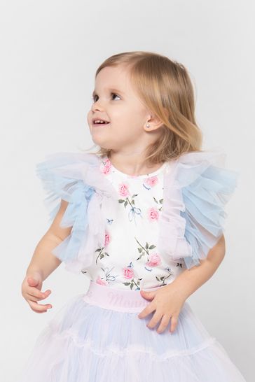 Baby Girls Tulle Sleeve Rose T-Shirt in Ivory