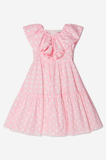 Girls Cotton Polka Dot Ruffle Dress in Pink