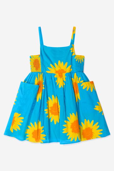 Girls Cotton Voile Sunflower Print Dress in Blue