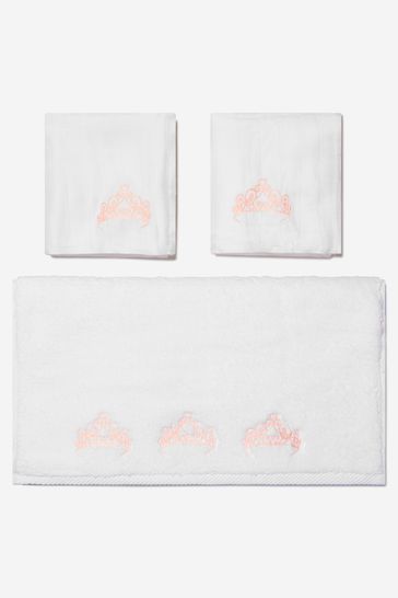 Girls White Organic Cotton Muslin And Cotton Crown Towel Set