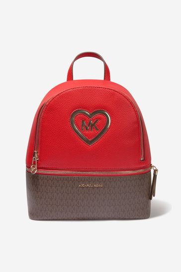 Girls Faux Leather All Over Logo Backpack in Red