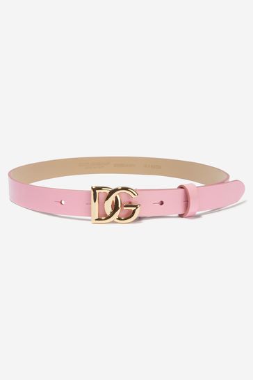 Girls Leather Logo Buckle Belt in Pink