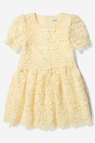 Girls Floral Guipure Lace Dress in Yellow