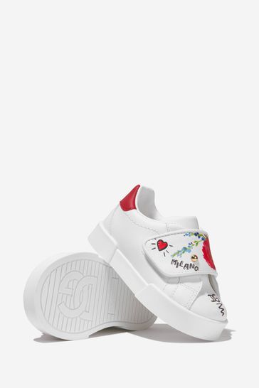Girls Leather Slogan Scripted Flower Trainers in White